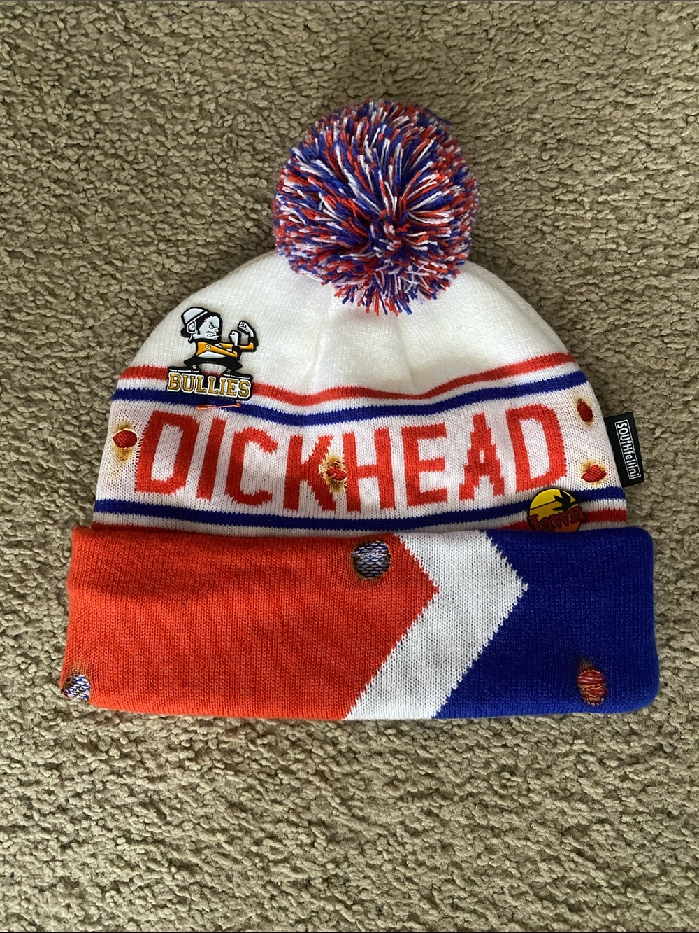 Custom Unisex Pom Beanie Hat in White, Orange & Blue